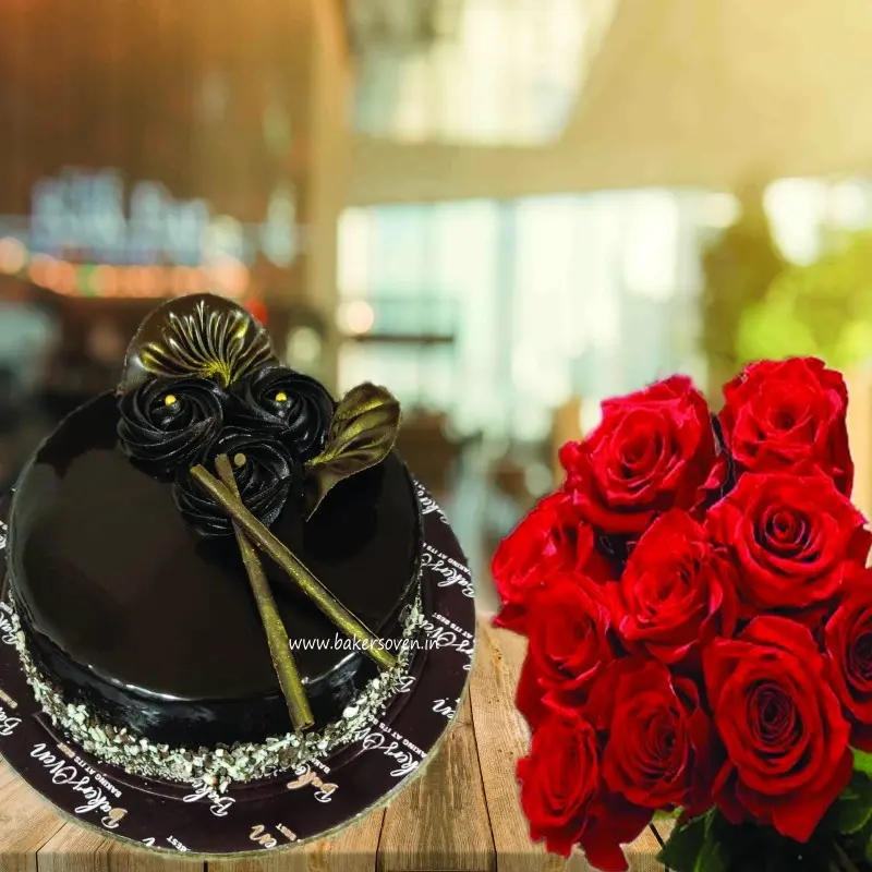 Choco Truffle Cake along 10 red roses