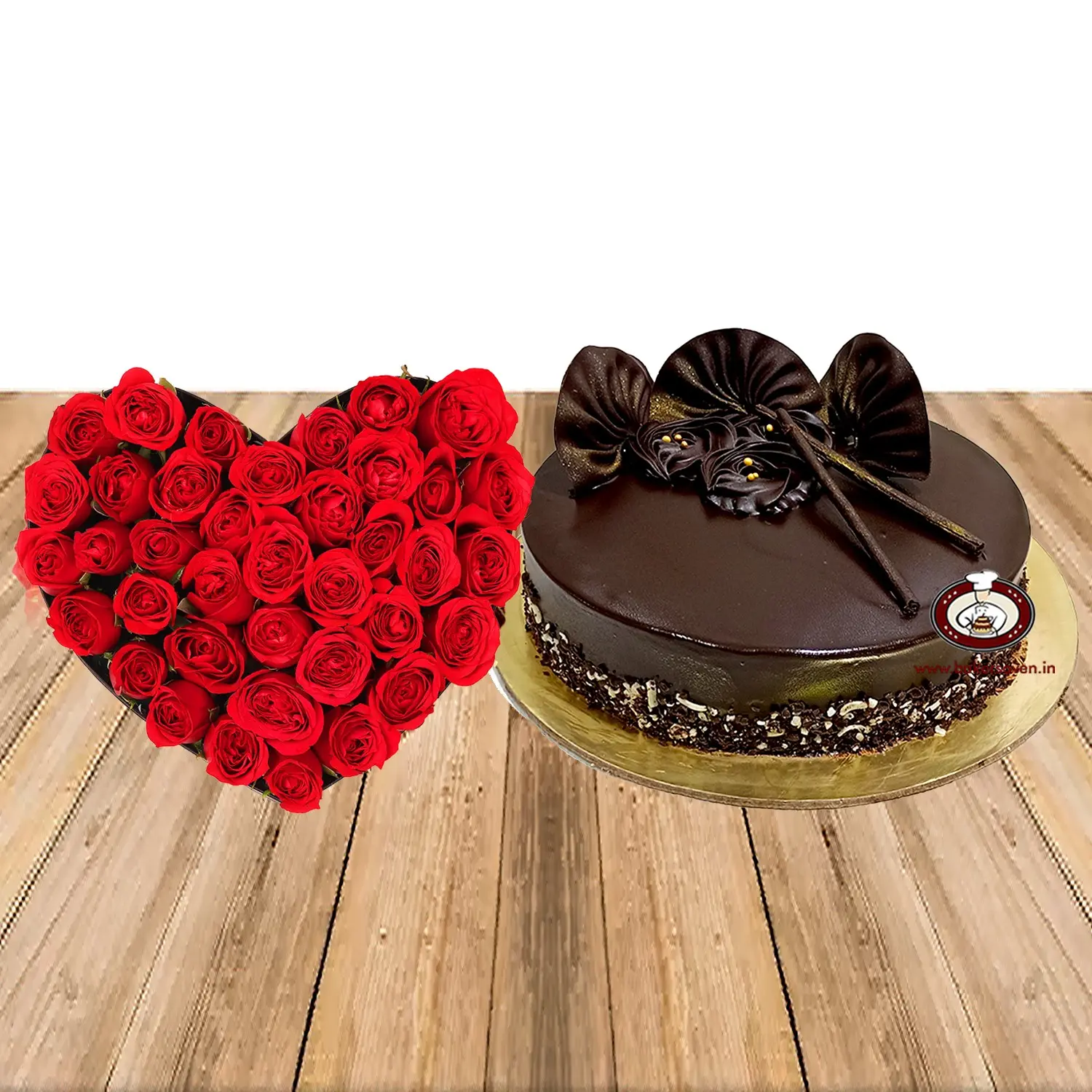 Chocolate Truffle Cake along 30 roses heart shape Bouquet